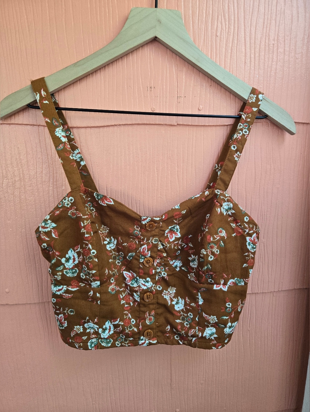 Floral Button-Front Brown Crop Top